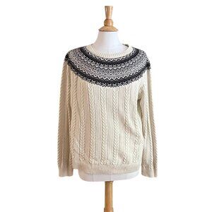 Hope & Henry Organic Cotton Ivory & Black Fair Isle Cable Knit Sweater, Size XL
